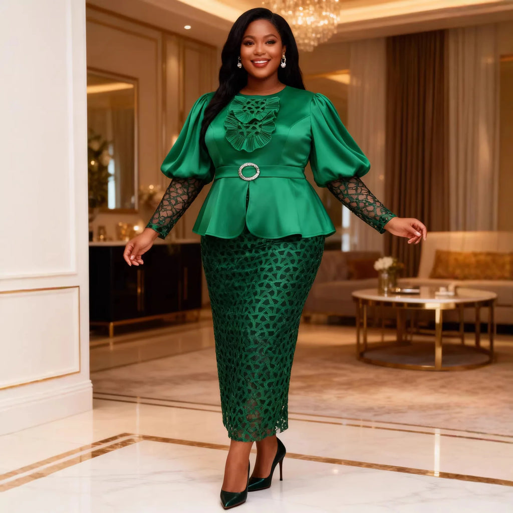 Luxury Women Curve Package Hip Dress O Neck Satin Patchwork Sequin Lace Puff Sleeves Peplum Belt Formal Events Special Occasions