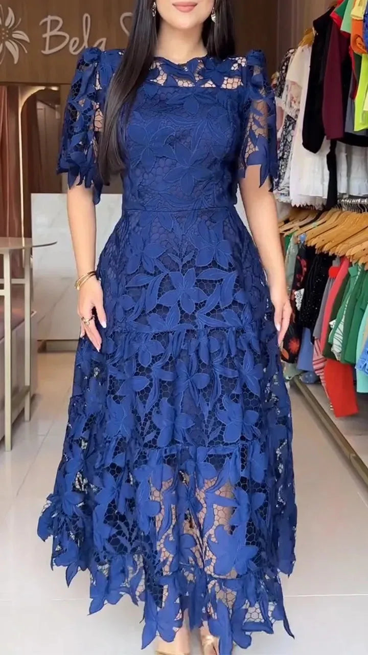 Elegant Lace Dress Irregualr Length Wedding Guest Bridal Shower for Bride Midi O Neck Hollow Out Women Classy Business Party New
