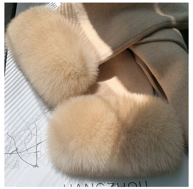 2024 New Oversize Ladies Outerwear Real Fur Coat Winter Jacket Women Natural Fox Fur Collar Cuffs Hood Cashmere Wool Woolen