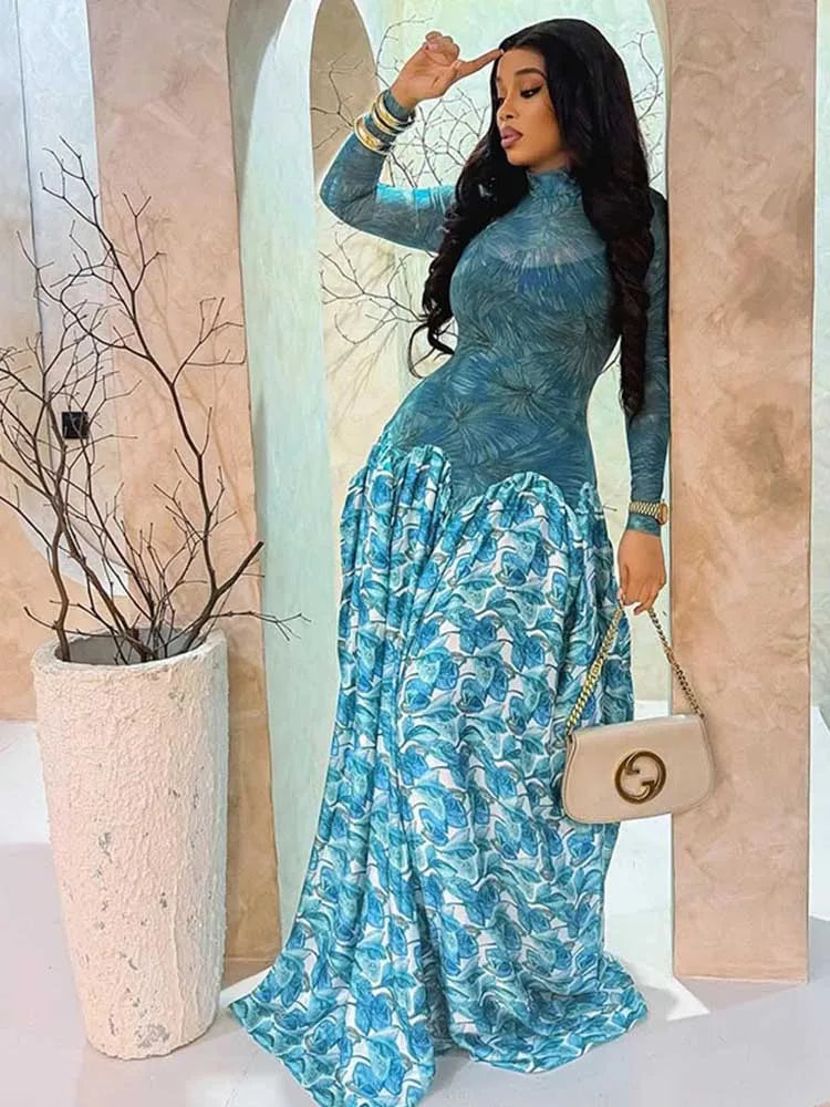 A Line Maxi Dress for Women Autumn Light Blue Long Sleeve Dress Slim Waist Mid-turtleneck Chic Elegant Evening Dresses Ladies