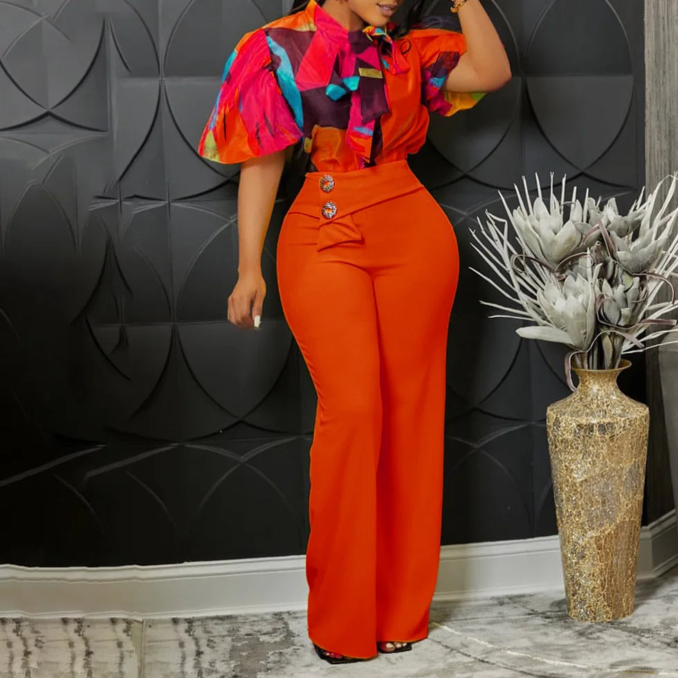 Women Two Pieces Set Printed Blouses Shirts Vintage Bow Collar with High Waist Pants Elegant Spring Fashion Office Ladies Suits