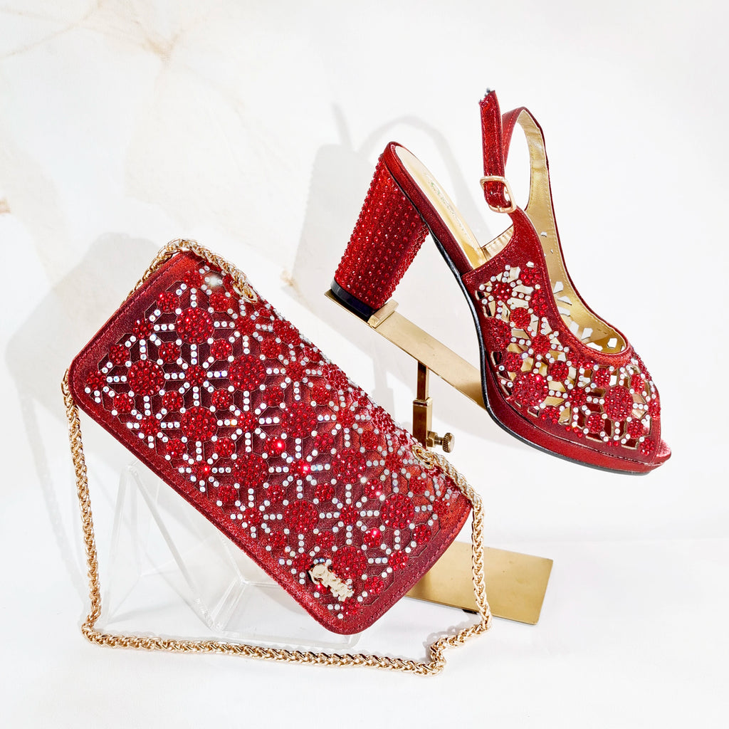 2025 New Rhinestone Design African-Inspired Shoe and Bag Set Olive Toe-Exposing Comfortable Women's High Heels Trending on INS