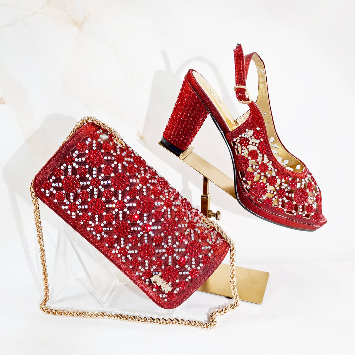 2025 New Rhinestone Design African-Inspired Shoe and Bag Set Olive Toe-Exposing Comfortable Women's High Heels Trending on INS