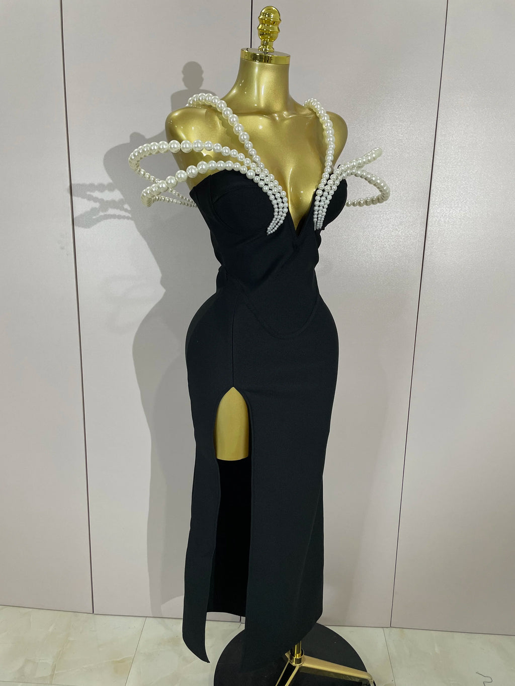Luxury Designer Pearls V Neck Maxi Long Bandage Bodycon Dress Women Celebrity Evening Party Birthday Gowns Singer Stage Costumes