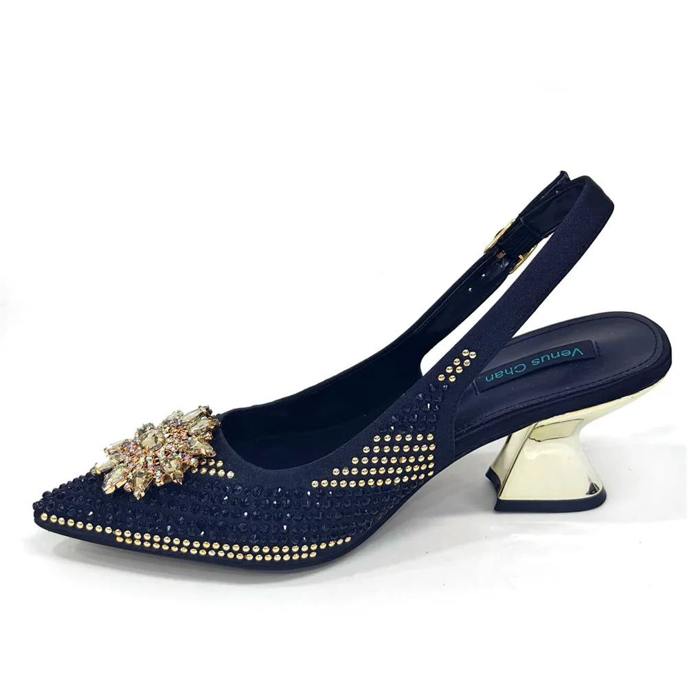 2024 New Designer Specials Italian Women Heels Shoes and Bag Set Royal Purple Color Comfortable With Rhinestone for Party