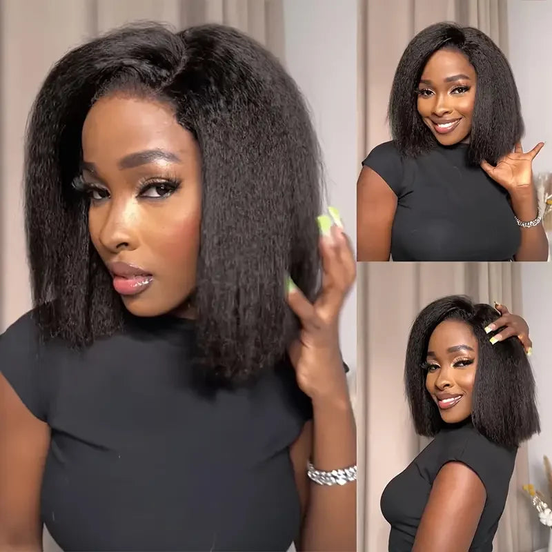 Glueless Wig Human Hair Kinky Straight Bob Wig Lace Front Human Hair Wigs For Women HD Transparent Full Lace Frontal Wig Yaki