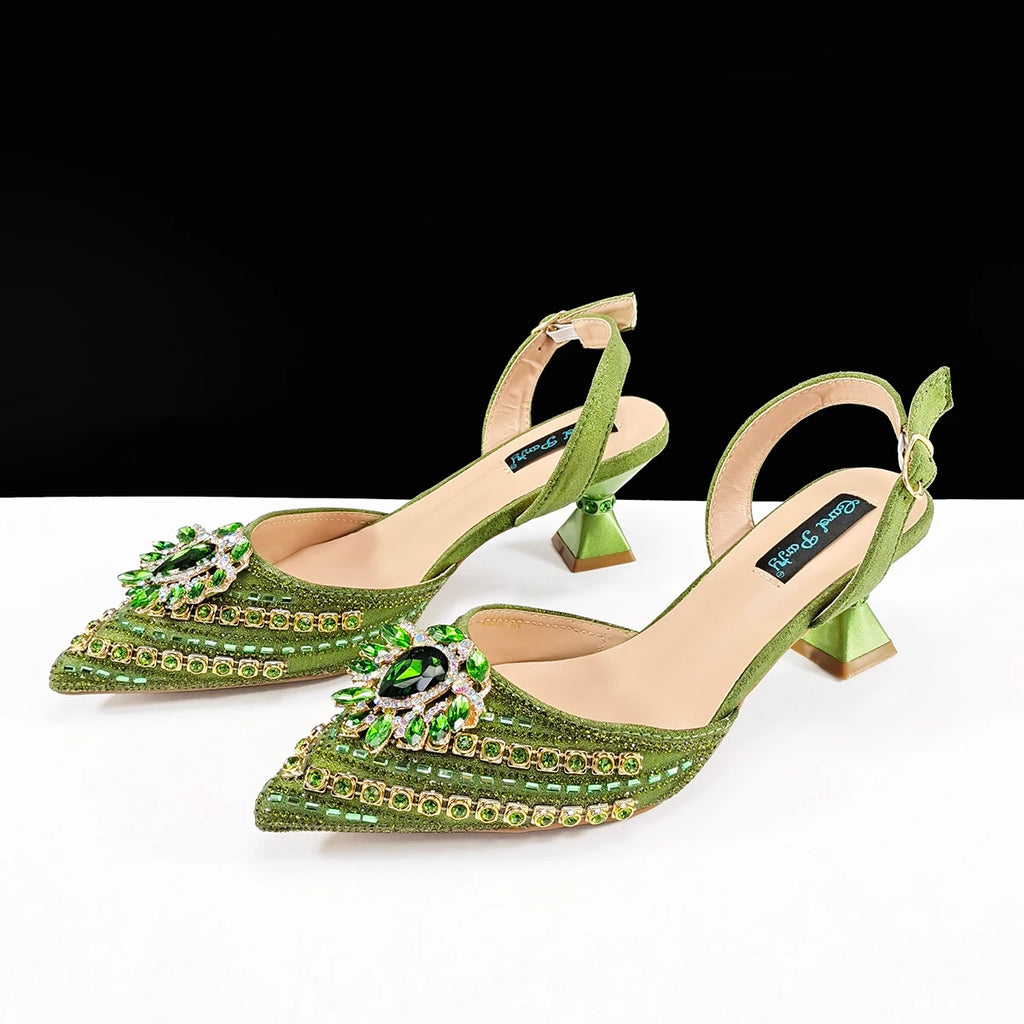 Queena Yan 2025 Elegant Fruit Green Women's Green Heels and Rhinestone Handbag Set - Italian Design for Weddings and Parties