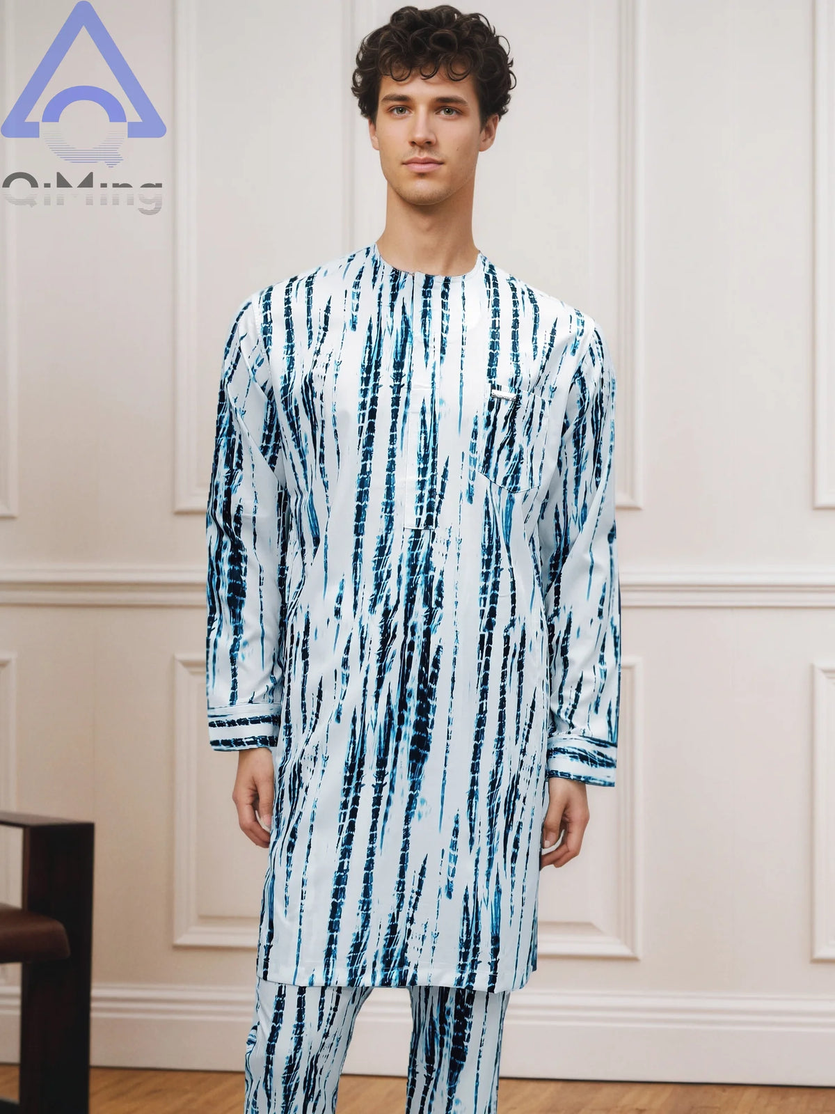 African Muslim Men's Fashion Clothing 2 Pieces White Color-Blocking Tie-Dyeing Printing Modern Prayer Moroccan Islamic Dress