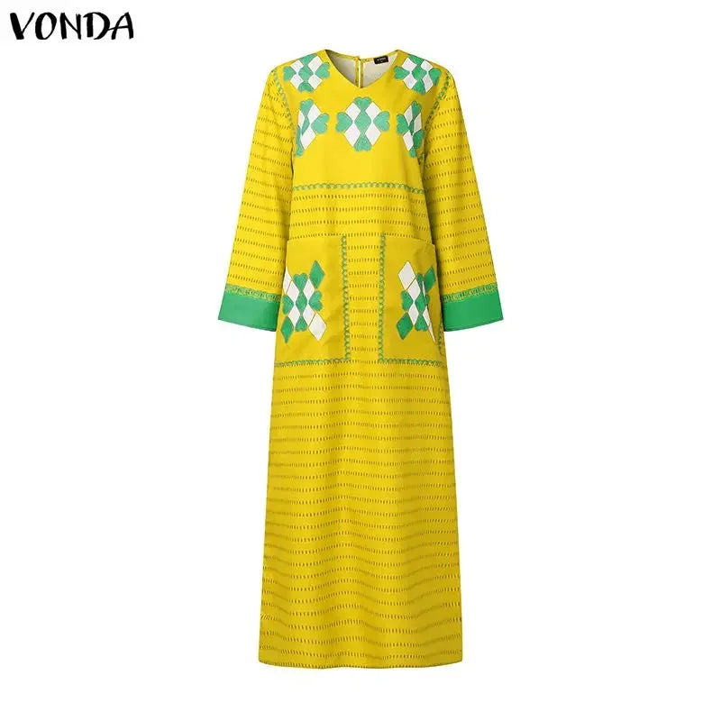 VONDA Plus Size 5XL Bohemian Women Long Sleeve Maxi Dresses 2026 Autumn V-Neck Casual Loose Print Party Vestidos Vintage Robe