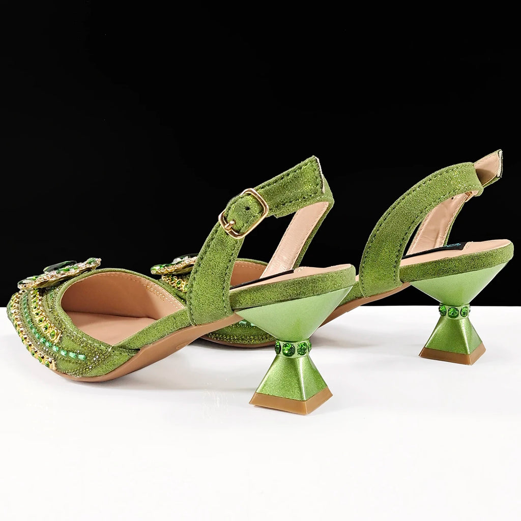 Queena Yan 2025 Elegant Fruit Green Women's Green Heels and Rhinestone Handbag Set - Italian Design for Weddings and Parties