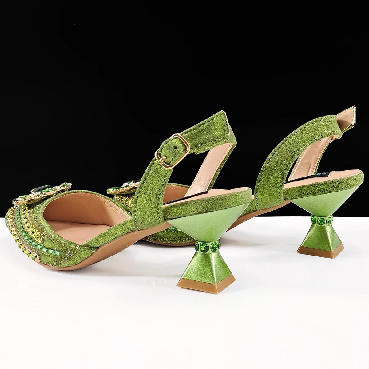 Queena Yan 2025 Elegant Fruit Green Women's Green Heels and Rhinestone Handbag Set - Italian Design for Weddings and Parties