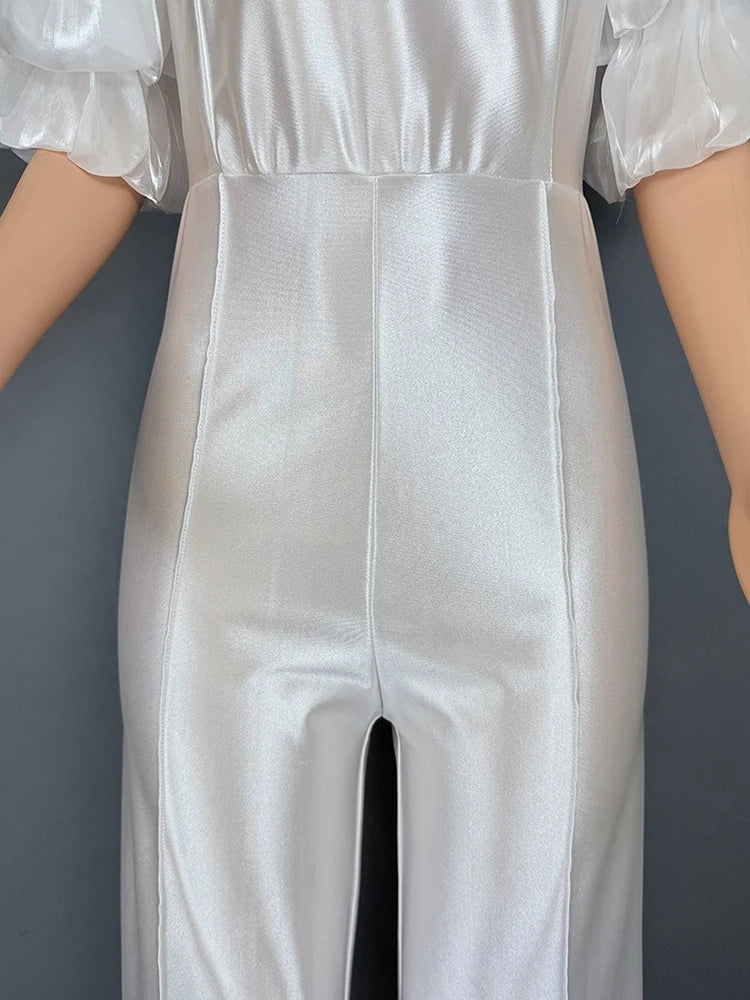 Satin Jumpsuit Woman High Quality Slash Neck Puff Sleeves Party Jumpsuits Woman Elegant Luxury Curvy Evening Jumpsuit Dress