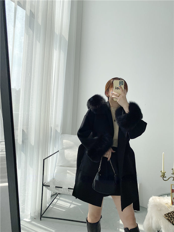 2024 New Oversize Ladies Outerwear Real Fur Coat Winter Jacket Women Natural Fox Fur Collar Cuffs Hood Cashmere Wool Woolen