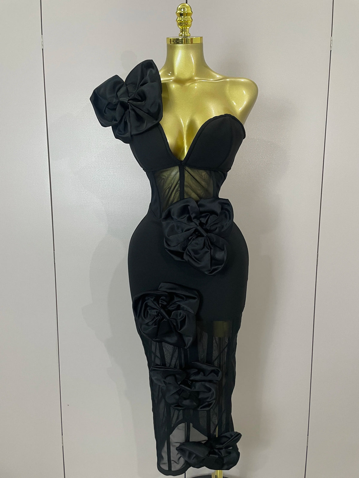 2025 Summer Women Elegant Party Birthday Dresses Sexy One Shoulder Bow Mesh See Through With Gloves Black Bandage Bodycon Dress