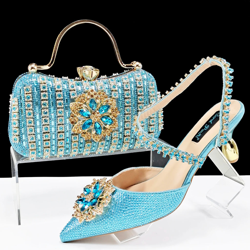 African Special Banquet Elegant Style Silver Color Party Wedding Pointed Toe  Heel Women Shoes and Bag Set With Rhinestone