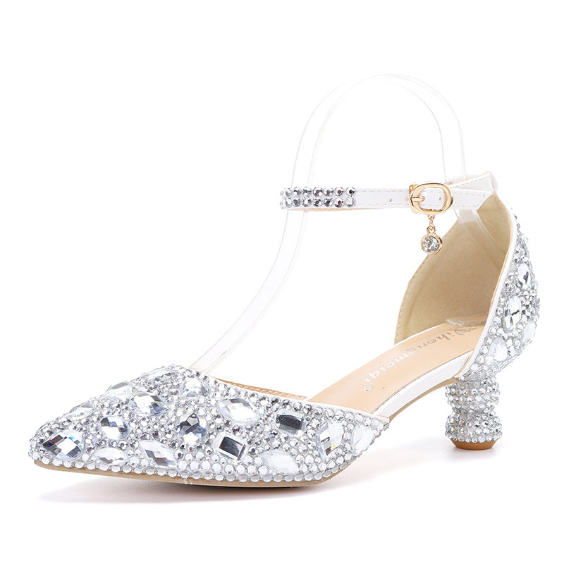 New 5cm Rhinestone shoes buckle round heel blue pointed Crystal Wedding sandals social dance Prom shoes Latin  shoes size 35-43