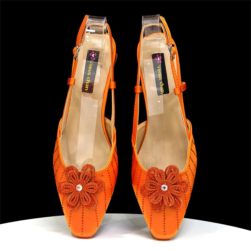 2026 New Elegant Italian Women's Black Heels with Rhinestones and Floral Accents & Matching Clutch Bag Set – Ideal for Parties