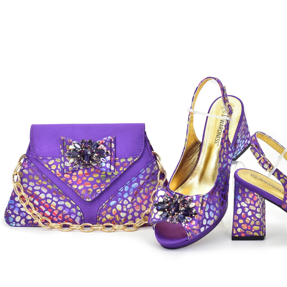 Matching Shoes and Bags Sets for Women Peep-Toe Heel Pumps for Women with Diamonds Shoe and Bag Set for Party in Woman Italian