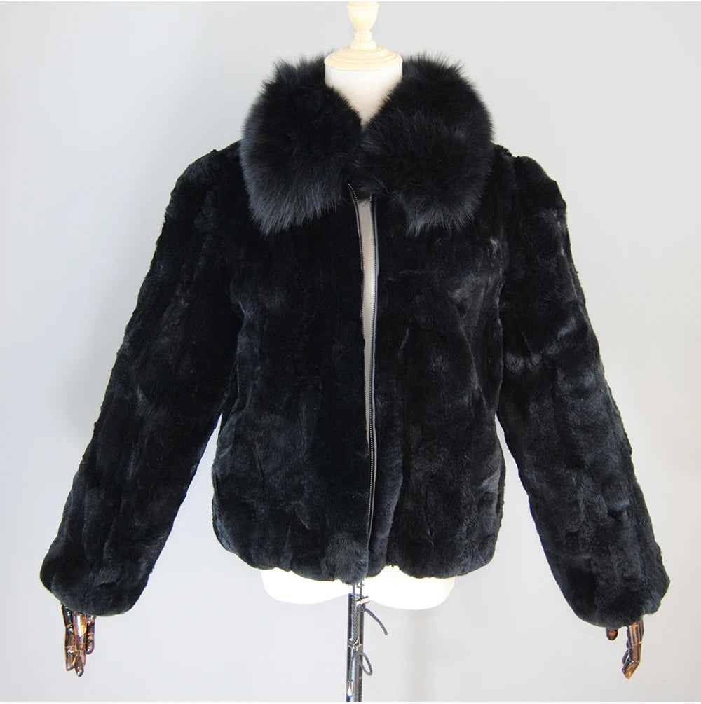 New Luxury Lady 100% Natural Rex Rabbit Fur Coat Women Winter Thick Warm Real Rex Rabbit Fur Jacket With Quality Fox Fur Collar