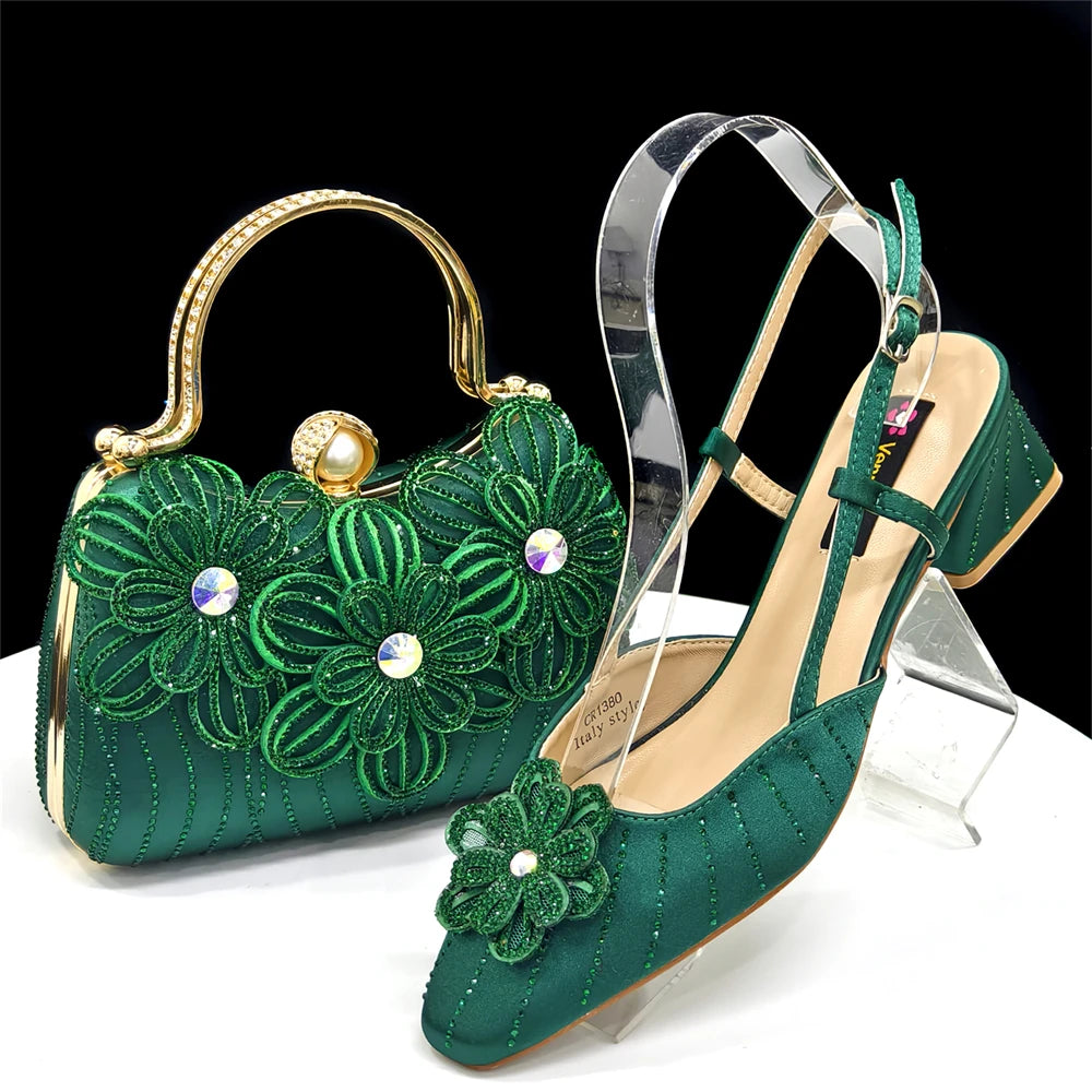 2026 New Elegant Italian Women's Black Heels with Rhinestones and Floral Accents & Matching Clutch Bag Set – Ideal for Parties