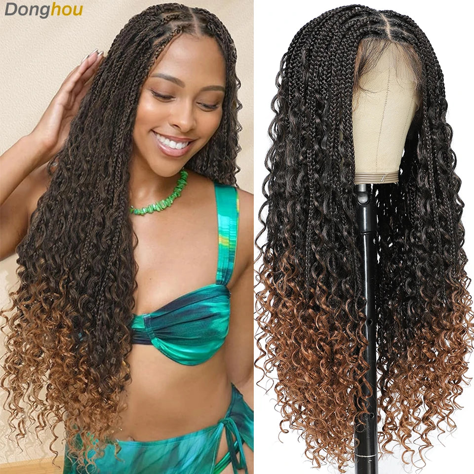 Ombre Boho Knotless Braided Wigs for Black Women 1B T30 Colors Bohemian Box Braids Wigs Perruques Tresses Africaines Naturelles