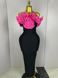 New Stereoscopic Red Flowers Sexy Off The Shoulder Ankle Lenght Bandage Dress Woman Birthday Party Vestido Wedding Party Outfit