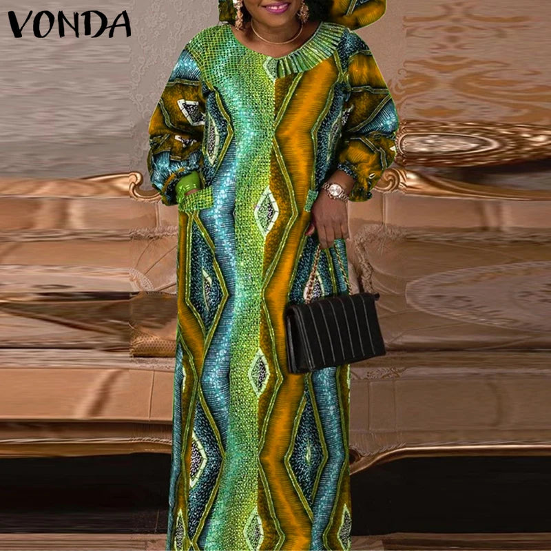 Plus Size 5XL VONDA Women Maxi Dress Bohemian Printing Long Sleeve Vestidos Vintage Sundress Casual Loose Oversized Robe Party