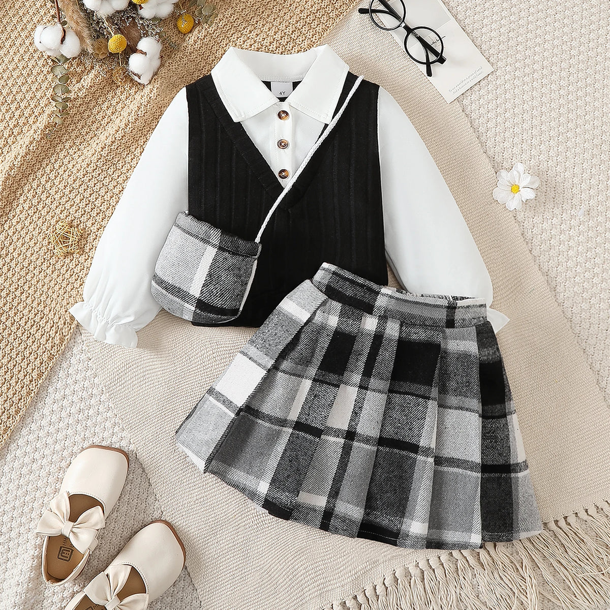 3Pcs Children Girl Set Splicing Fake Two piece Top+Checkered Skirt+Mini Bag Set Suitable Girls 4-7 Year Autumn College Style Set