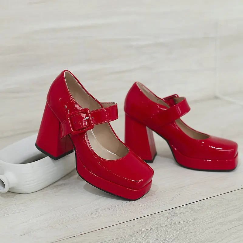 Size 33-48 Patent Shiny PU Leather Lady Office Pumps Wide Buckle Strap Platform Mary Janes Shoes Spring Fall Block Chunky Heels