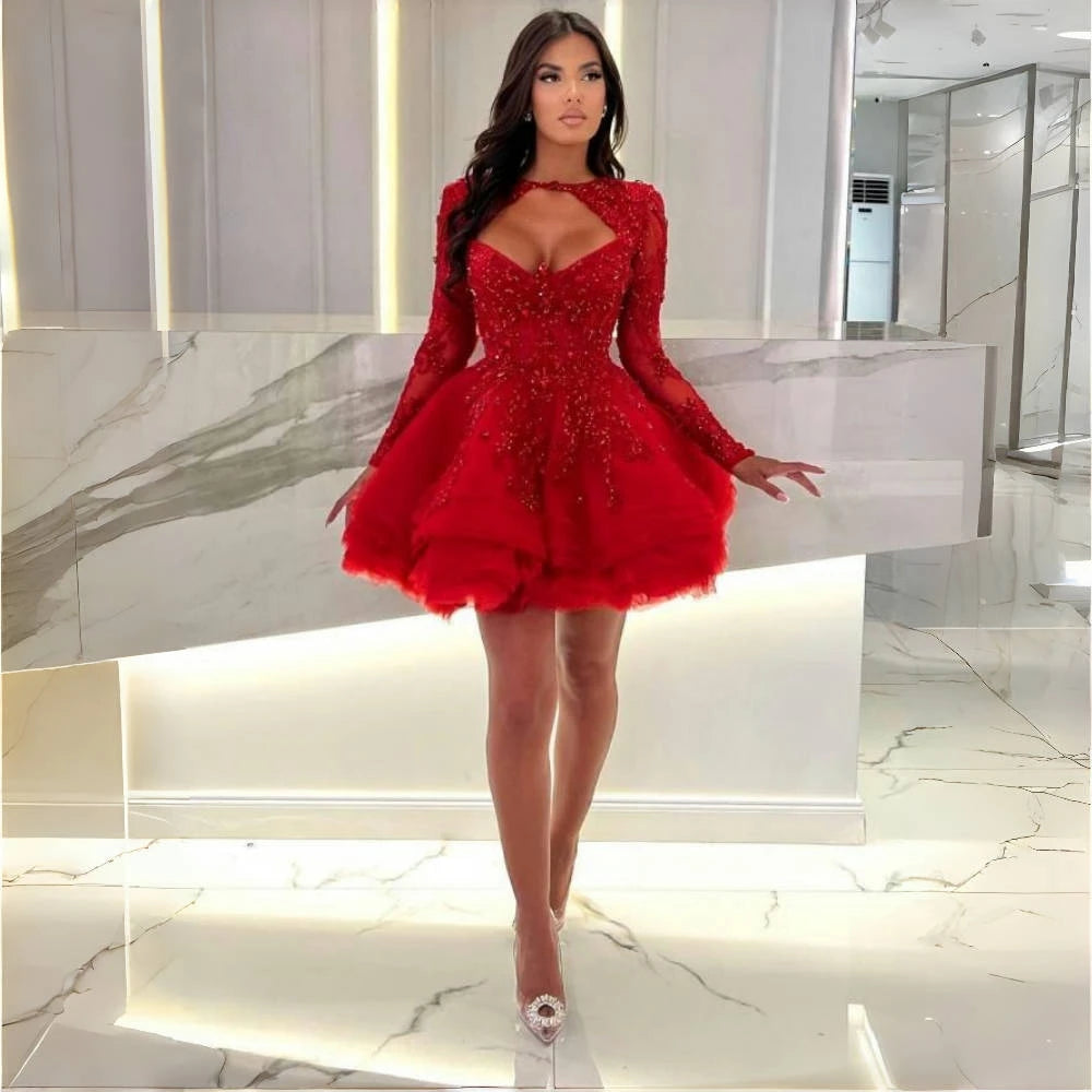 Puffy Short Red Prom Dress Ruffle Tutu Tulle Long Sleeves Homecoming Dresses Lace Appliques beaded Sweetheart Neck Customized