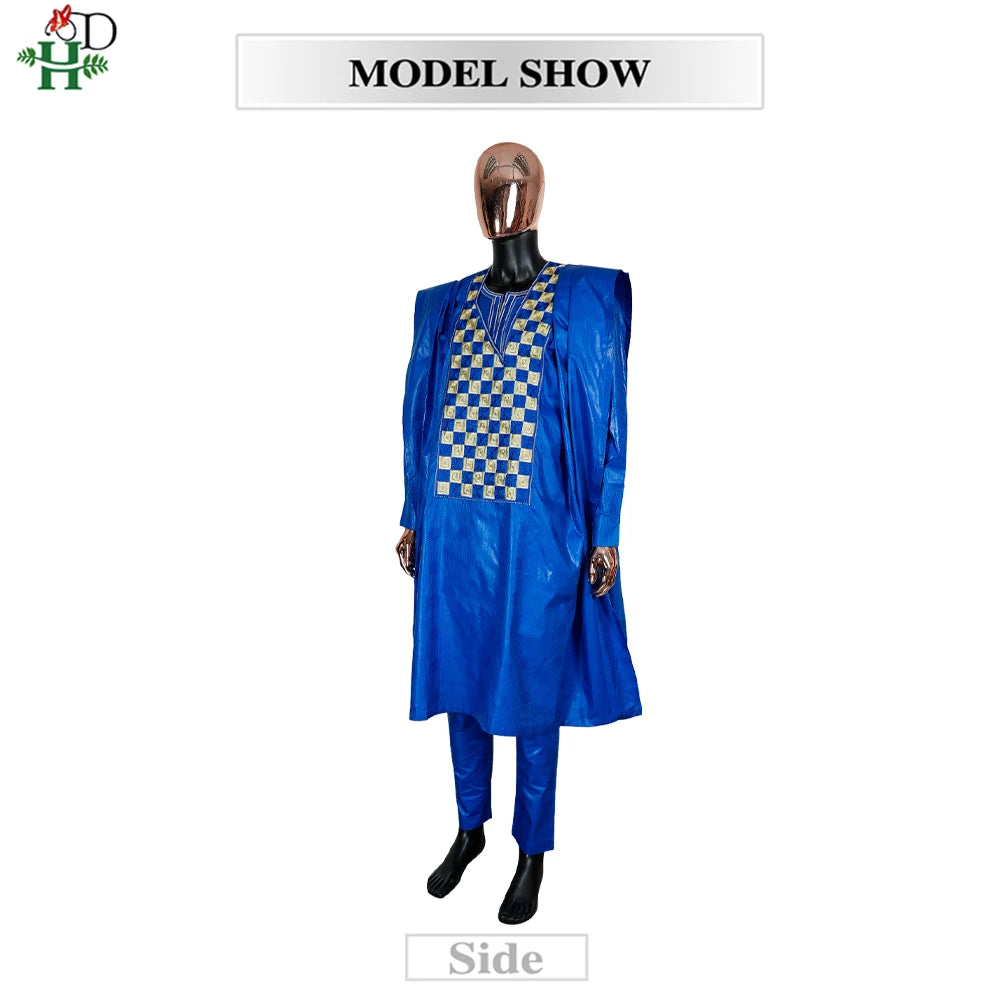 H&D African Clothing For Man Traditional Agbada Sets 3PCS Blue Bazin Riche Shirt Pant Embroidery Wedding Party Suits Plus Size