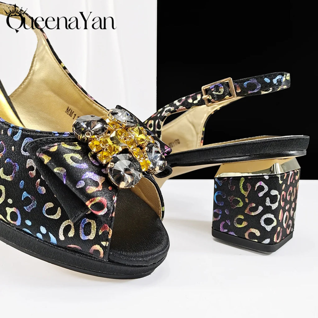 Queena Yan Light Blue Elegant Italian Rhinestone Wedding Shoe and Bag Set -Women Heels and Matching Handbag for Party