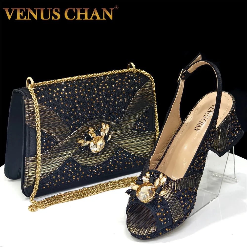 2025 Luxurious Italian Women's Party Shoe and Bag Set – Elegant Black Rhinestone Peep-Toe High Heels Sandals for Weddings