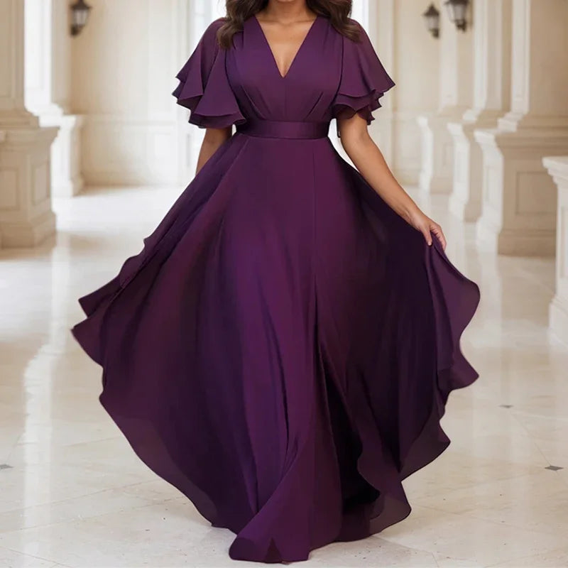 Women Plus Size Chiffon Dress Ruffle Sleeve Sexy V-Neck Purple Solid Pleated A-Line Elegant Party Club Wedding Guest Maxi Dress