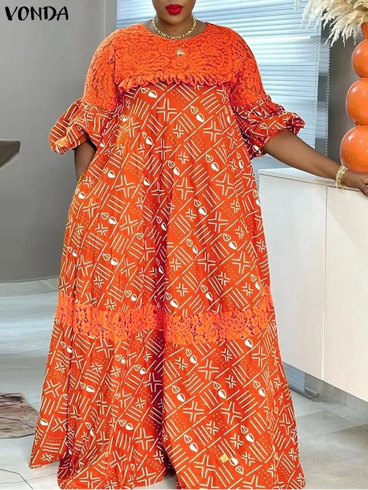 5XL Women Party Dress Plus Size VONDA Vintage Sundress 2025 Casual Loose Lace Patchwork Robe Fashion Half Sleeve Vestidos