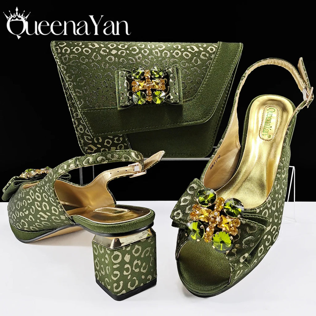Queena Yan Light Blue Elegant Italian Rhinestone Wedding Shoe and Bag Set -Women Heels and Matching Handbag for Party