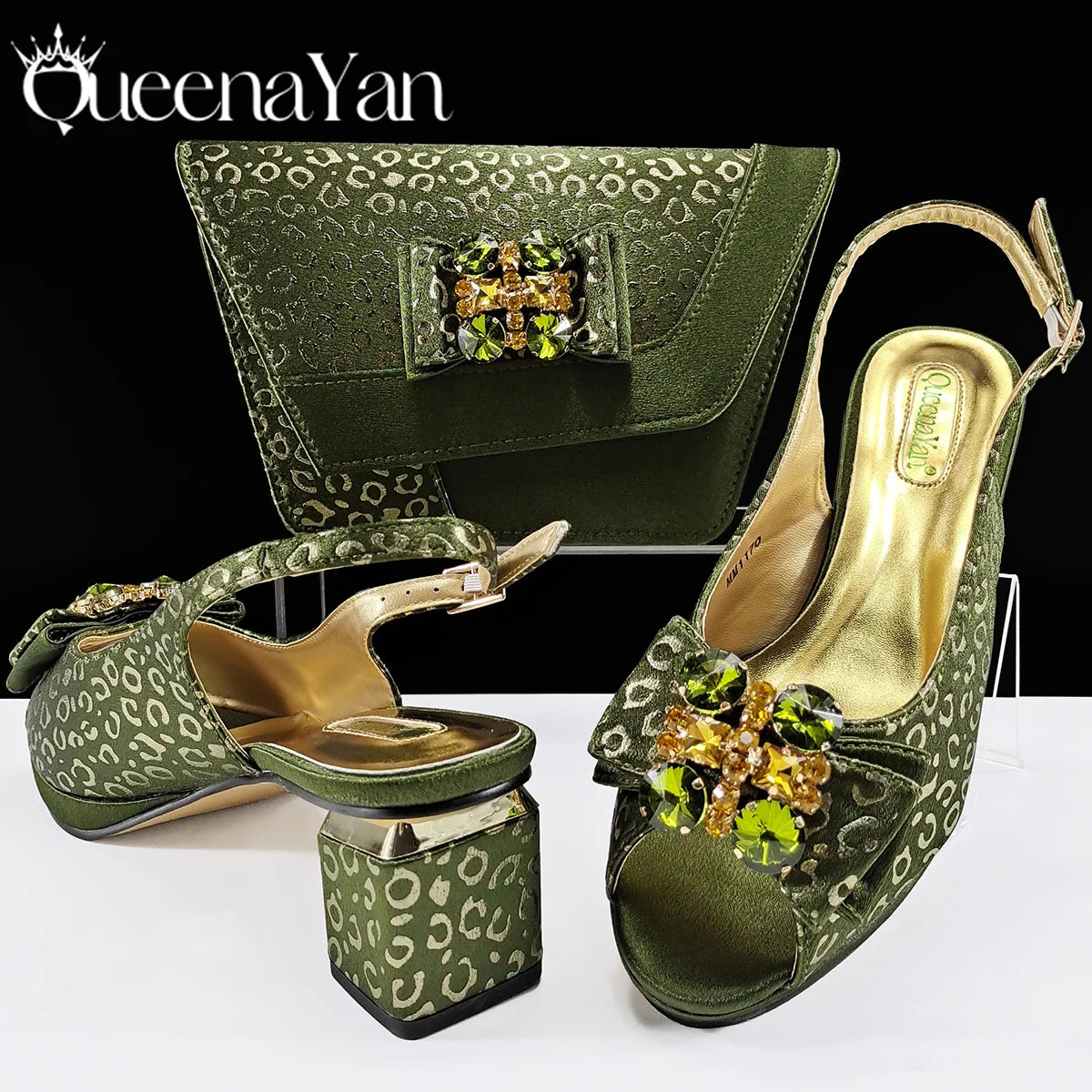 Queena Yan Light Blue Elegant Italian Rhinestone Wedding Shoe and Bag Set -Women Heels and Matching Handbag for Party
