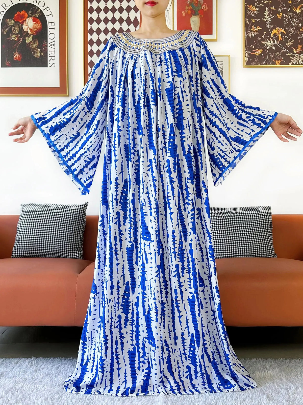 Summer Dress Embroidered Round Neck Cotton Women Long Loose Abaya Boho Maxi Dress Casual Fashion Dress African Vestidos