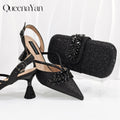 QueenaYan 2026 New Shiny Italian Fashion Pointed Toe Women Heel Fashion Rhinestone Decoration Pink Color Shoes And Bag Set