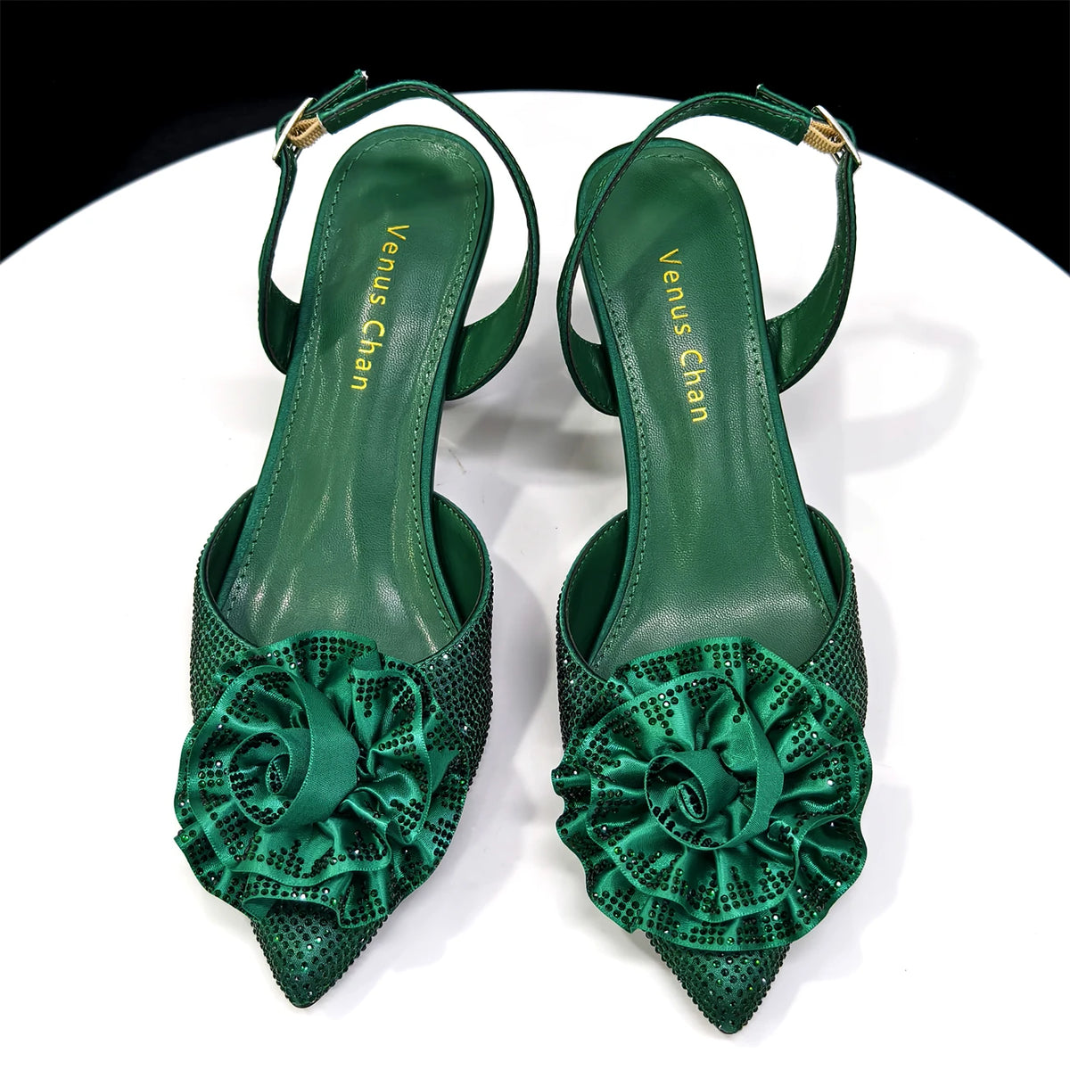 Venus Chan 2025 Elegant Shiny Green Handbag & Medium Heel Shoe Set with Exquisite Handmade Floral Accents for Weddings & Parties