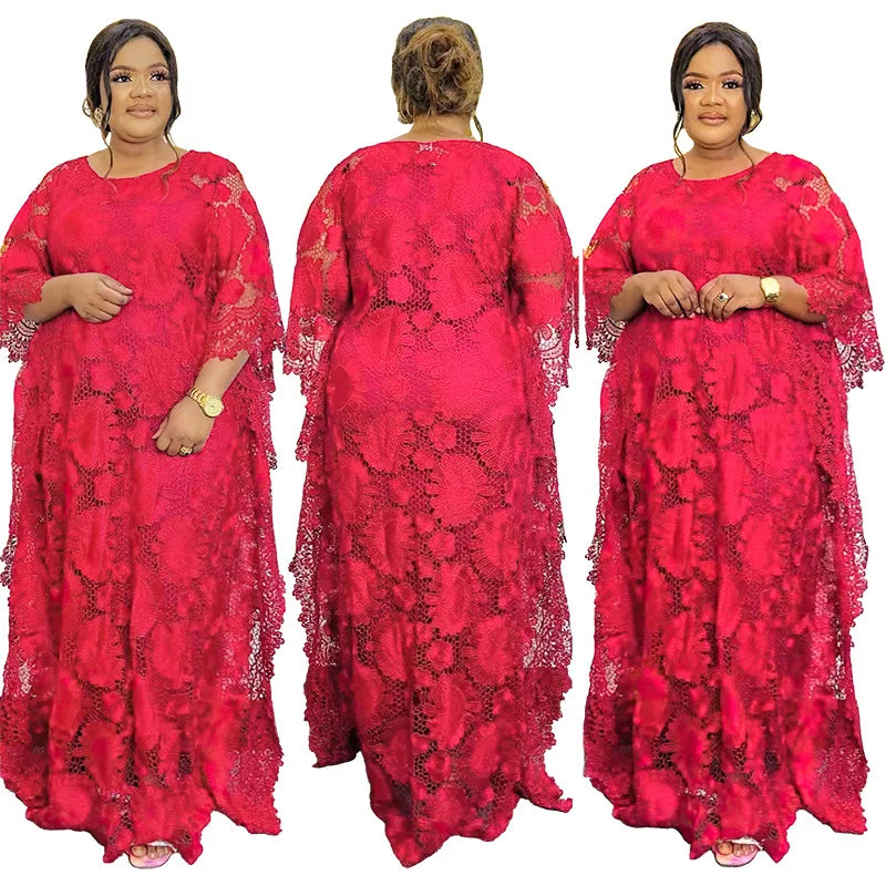 White Lace Hollow Africa Dresses for 2023 Muslim Women Dress African Clothes Dashiki Taditional Boubou Arabic Robe Femme Ramadan