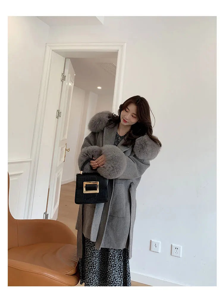 Faced Wool Ladies Winter Jacket Hooded coats Women Luxurious Real Fox Fur Coat Lose Clothing Cashmere Double