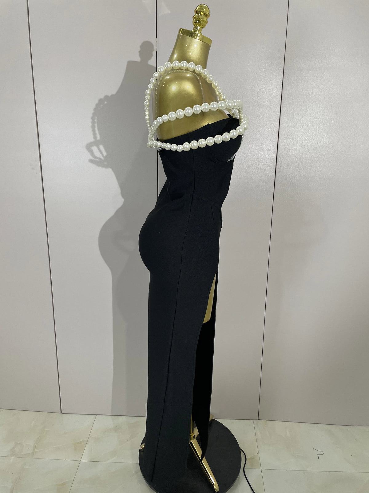 Luxury Designer Pearls V Neck Maxi Long Bandage Bodycon Dress Women Celebrity Evening Party Birthday Gowns Singer Stage Costumes