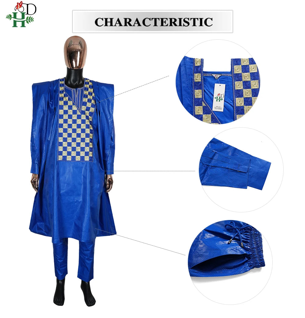 H&D African Clothing For Man Traditional Agbada Sets 3PCS Blue Bazin Riche Shirt Pant Embroidery Wedding Party Suits Plus Size