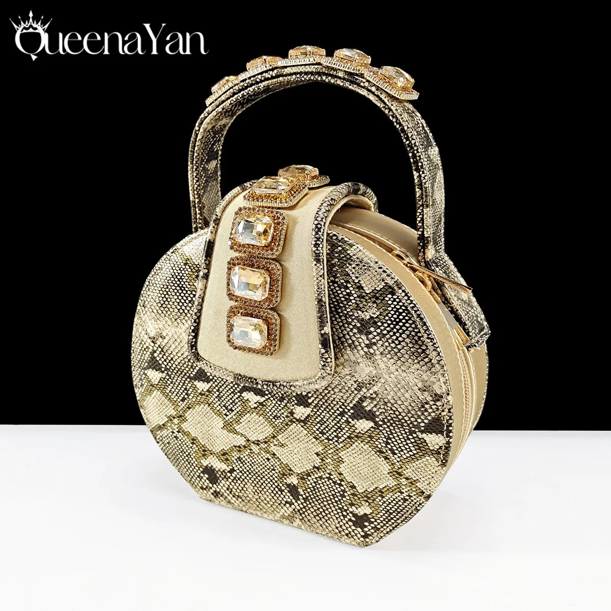 Queena Yan New Luxurious Italian Women's Party Shoes&Bag Set Elegant Golden Rhinestone  Sandals with Peep Toe High Heels Wedding