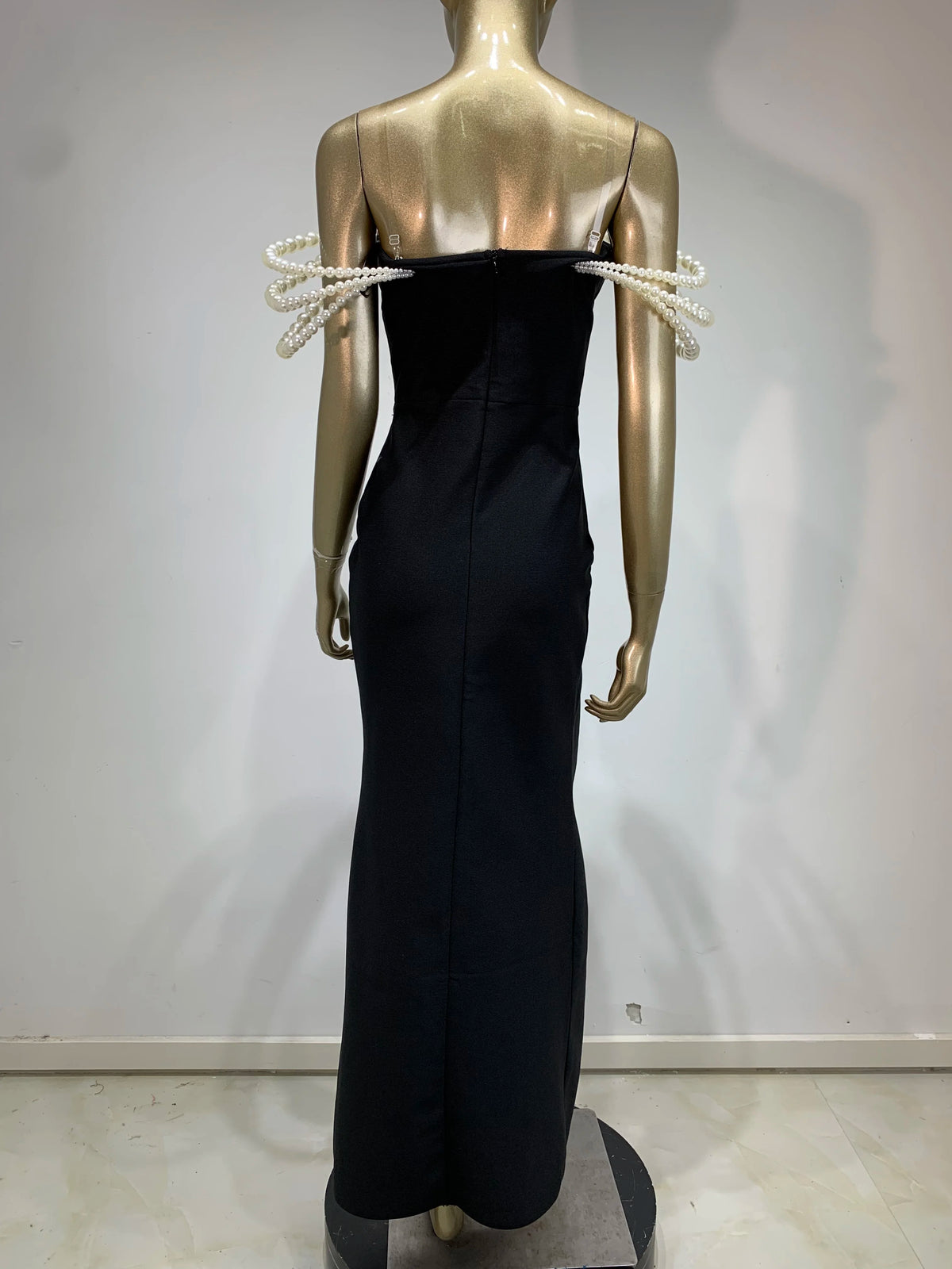Women Celebrity Sexy Off Shoulder Pearl Black Maxi Long Bandage Bodycon Dress 2025 Elegant Evening Club Party Outfit