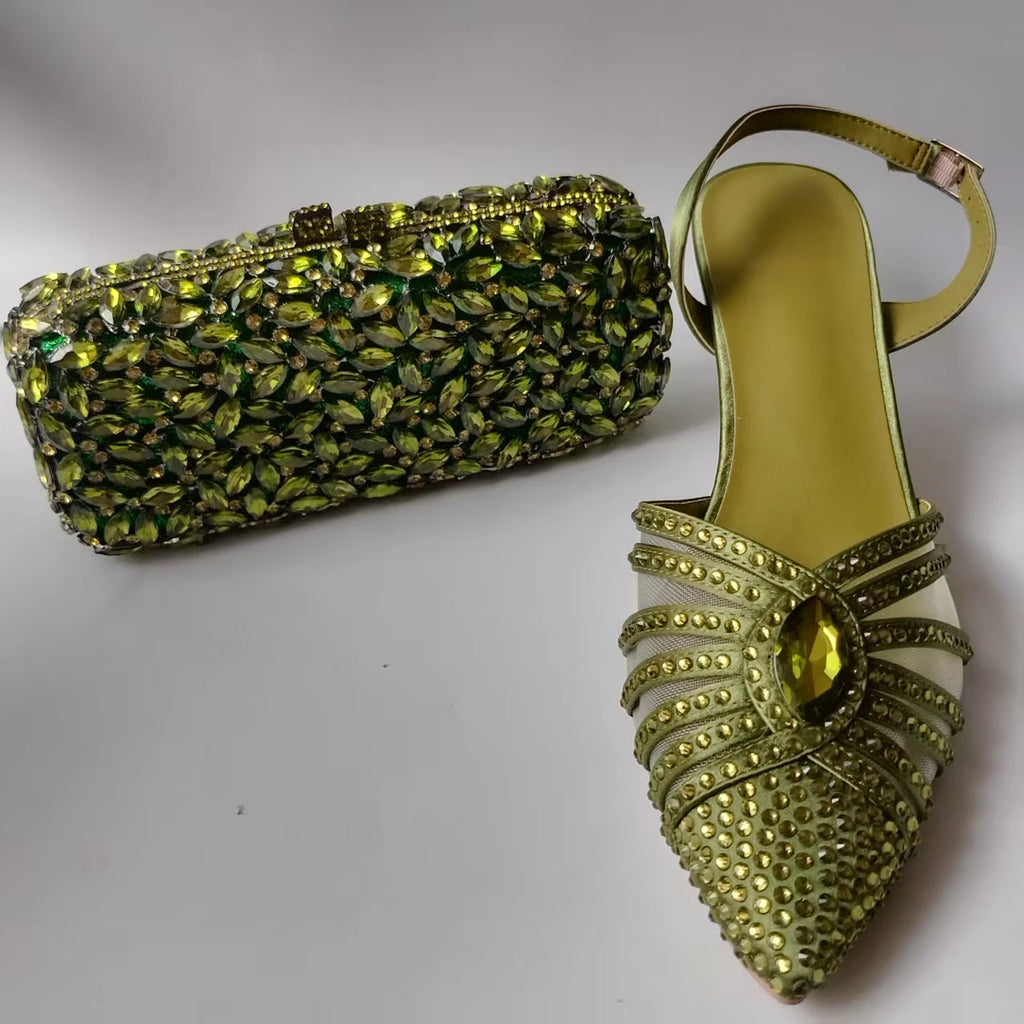 Luxury Olive Green Rhinestones Women's Shoe and Bag Set for Party Wedding Crystals Heeled Pumps and Handbag Sandals
