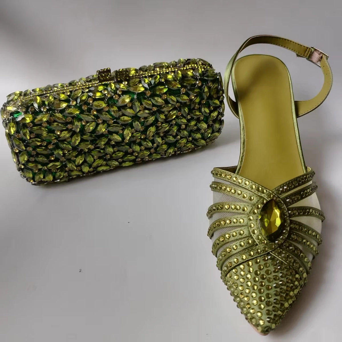 Luxury Olive Green Rhinestones Women's Shoe and Bag Set for Party Wedding Crystals Heeled Pumps and Handbag Sandals