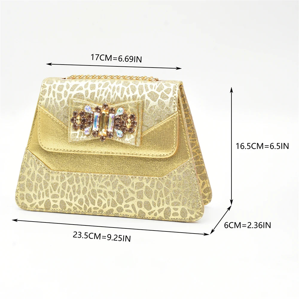 New Arrival Shoes and Bags To Match Set Nigeria Party Luxury Gold Color Wedding Italian Shoes Bag Set Decorated with Rhinestone
