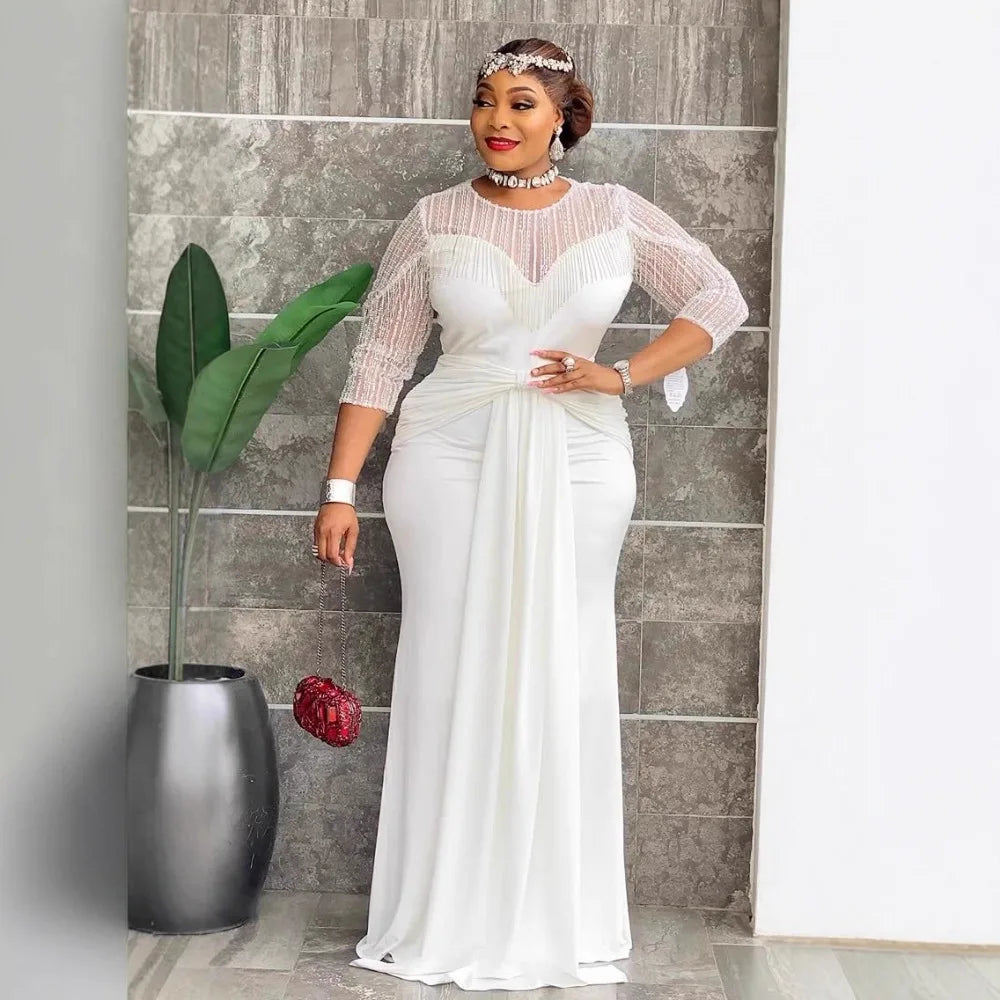 Luxury Women Mermaid Bodycon Dress Patchwork O Neck Fringe Sheer Sequin Sleeves Draped African Party Weddings Formal Occasions